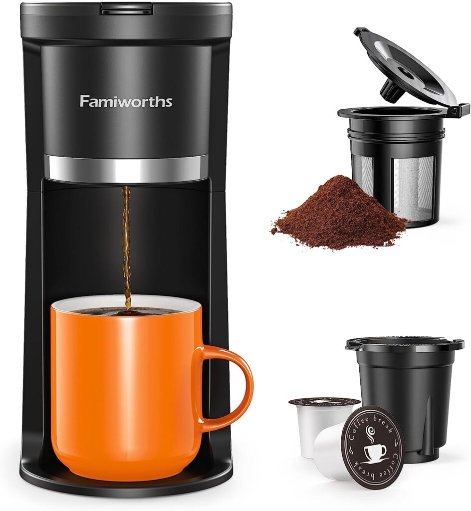 Famiworths Single Serve Mini Coffee Maker for K Cup & Ground Coffee
